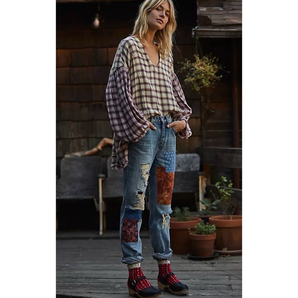 Free People Patchwork Boyfriend Jeans